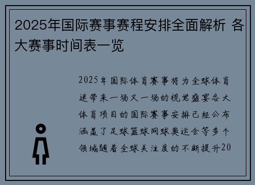 2025年国际赛事赛程安排全面解析 各大赛事时间表一览